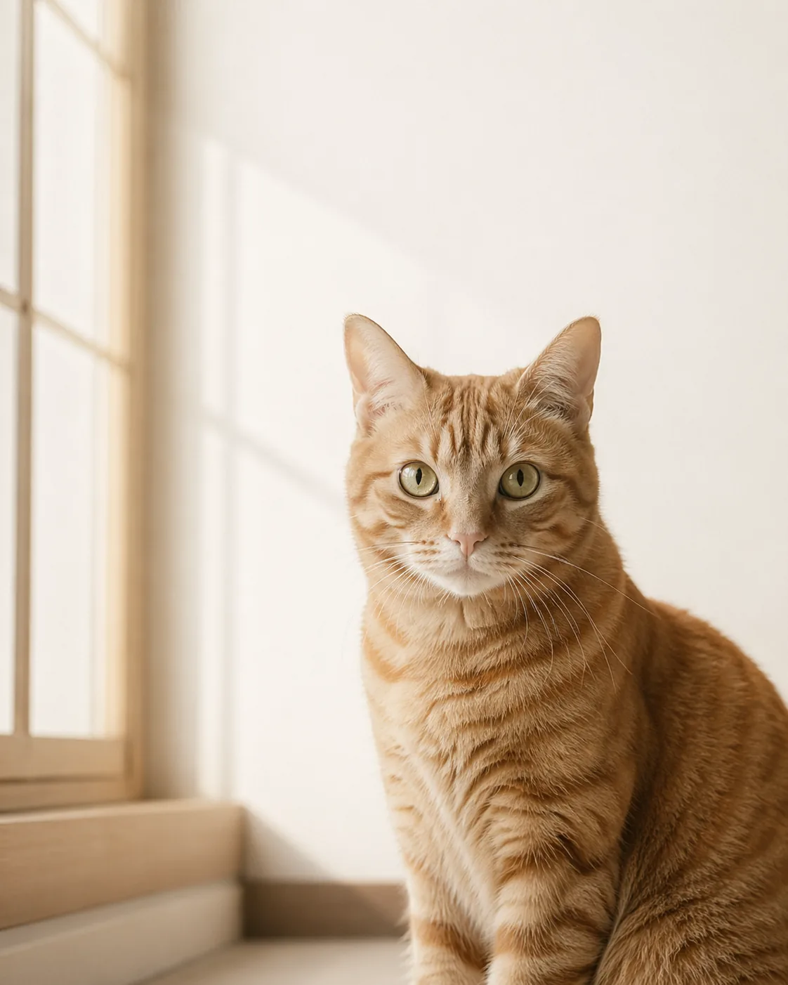 窓辺で穏やかにこちらを見る茶トラ猫