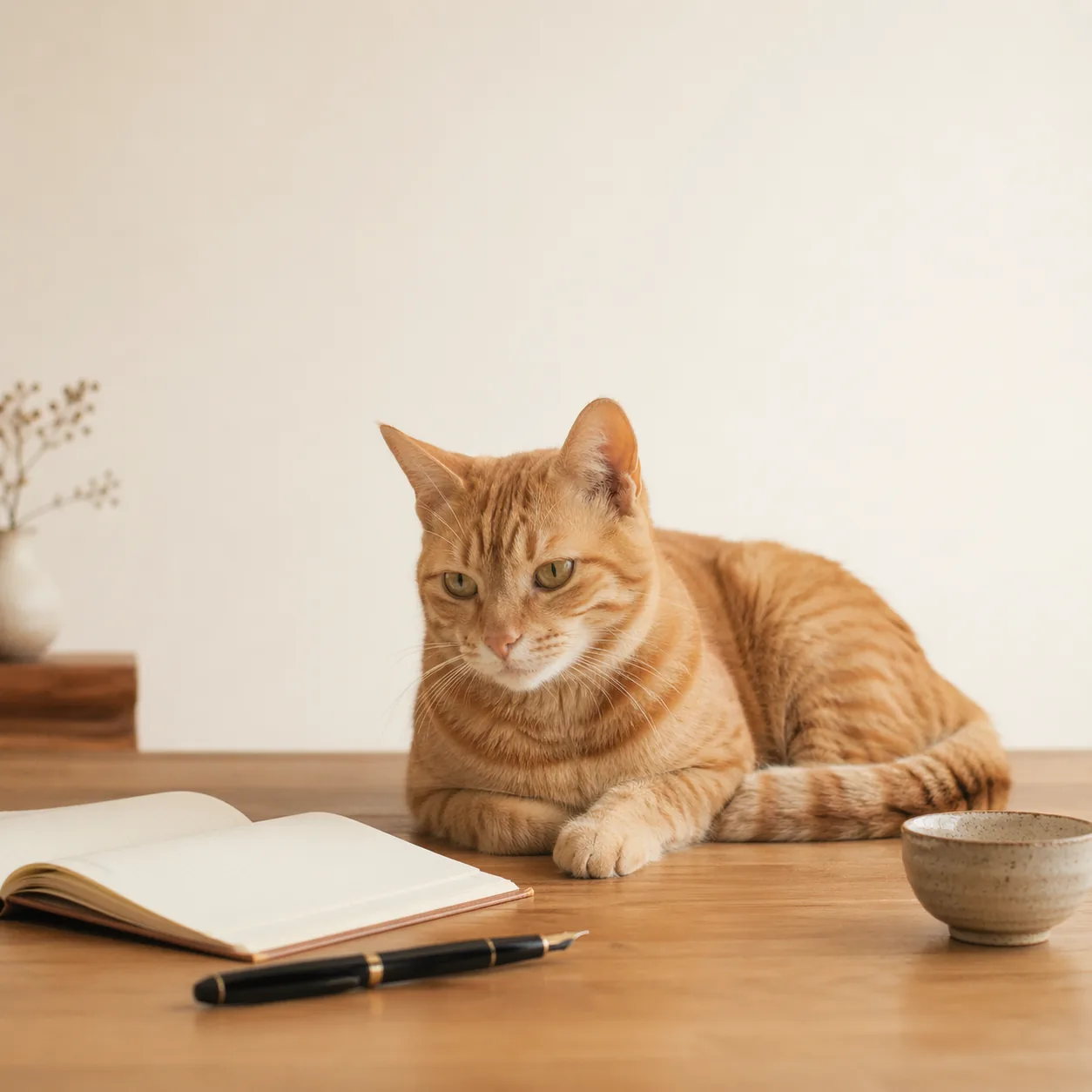 木製デスクで穏やかに見守る茶トラ猫